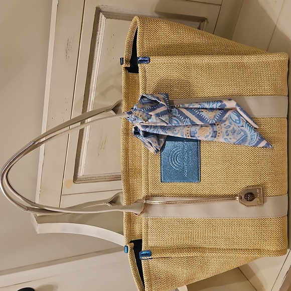 NEW Kurt Geiger Large Southbank Zip Top Shopper: Woven Beige W/ Blue Tones - Picture 6 of 15